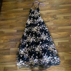 LULUS Glory and Glitz Black Floral Sequin Lace up Maxi dress